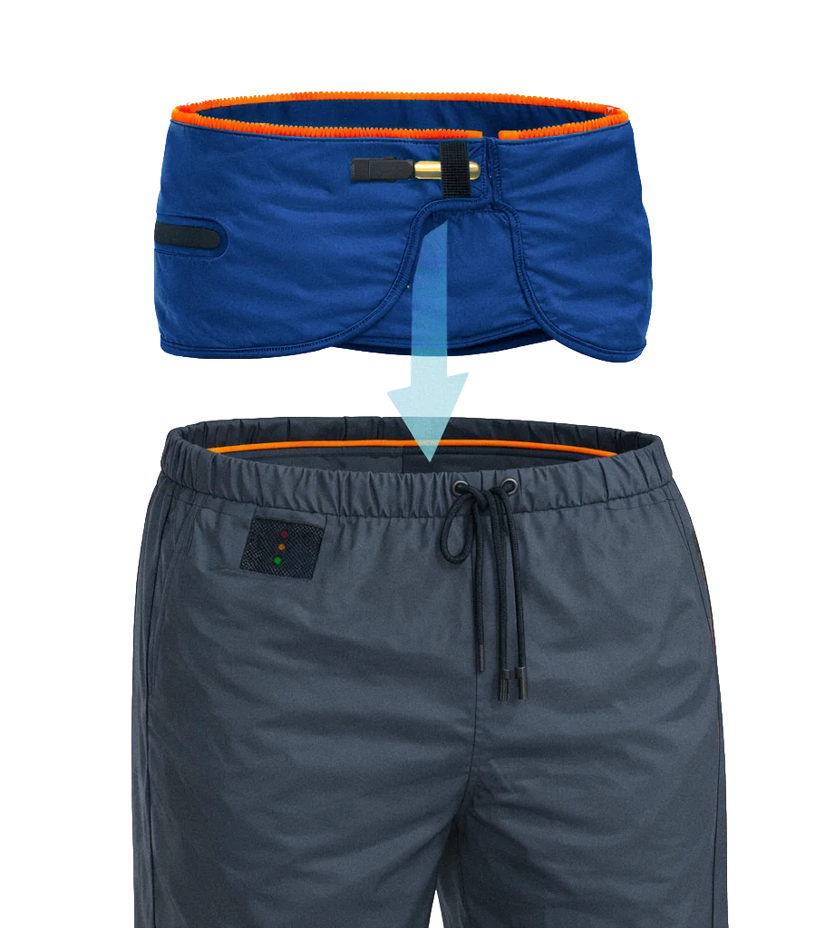 Dispositif Air-Sequr s'insérant dans un pantalon ordinaire, démontrant son port invisible