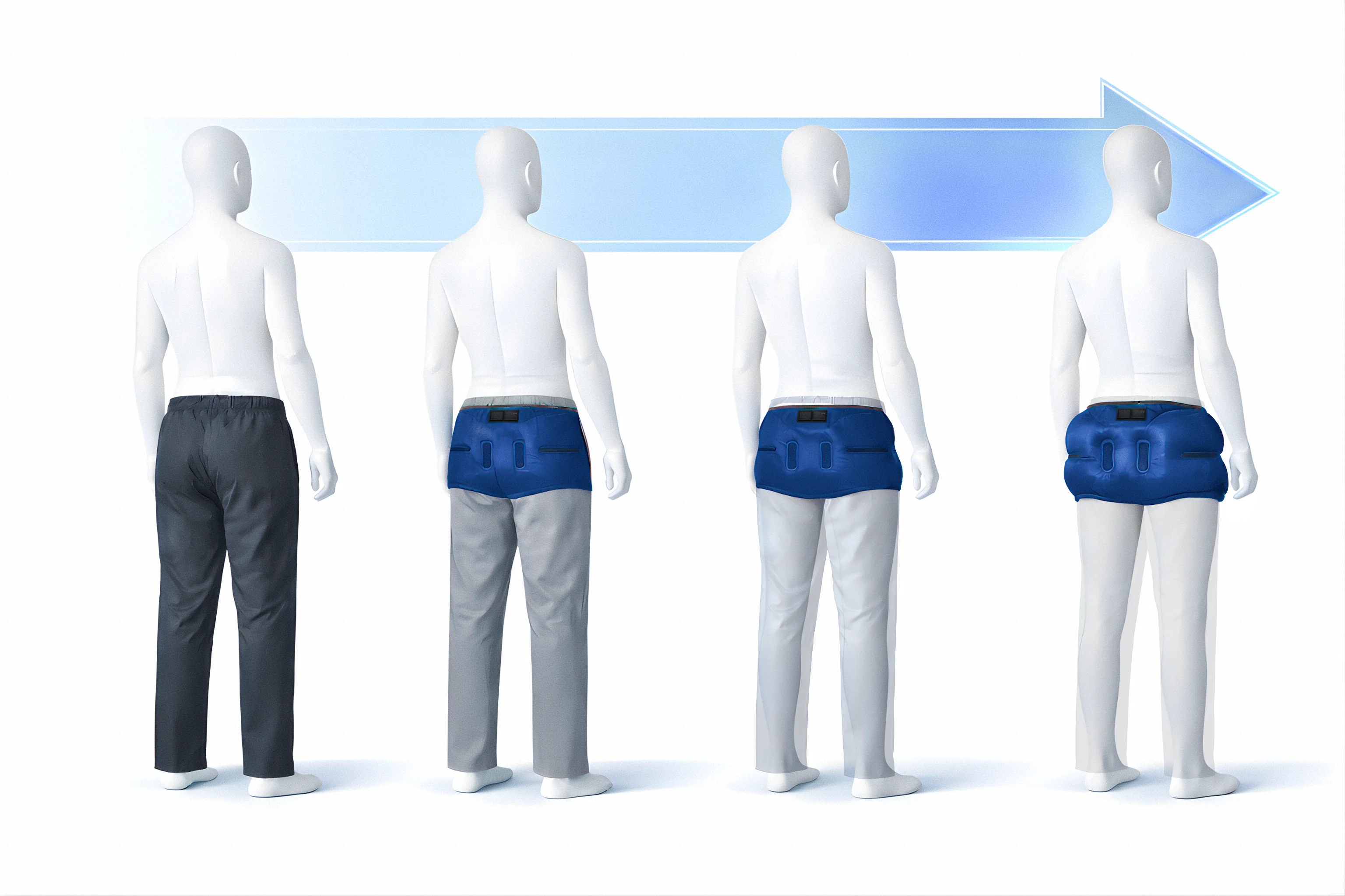 Séquence en quatre étapes montrant Air-Sequr dissimulé sous un pantalon, puis se déployant progressivement lors d'une chute